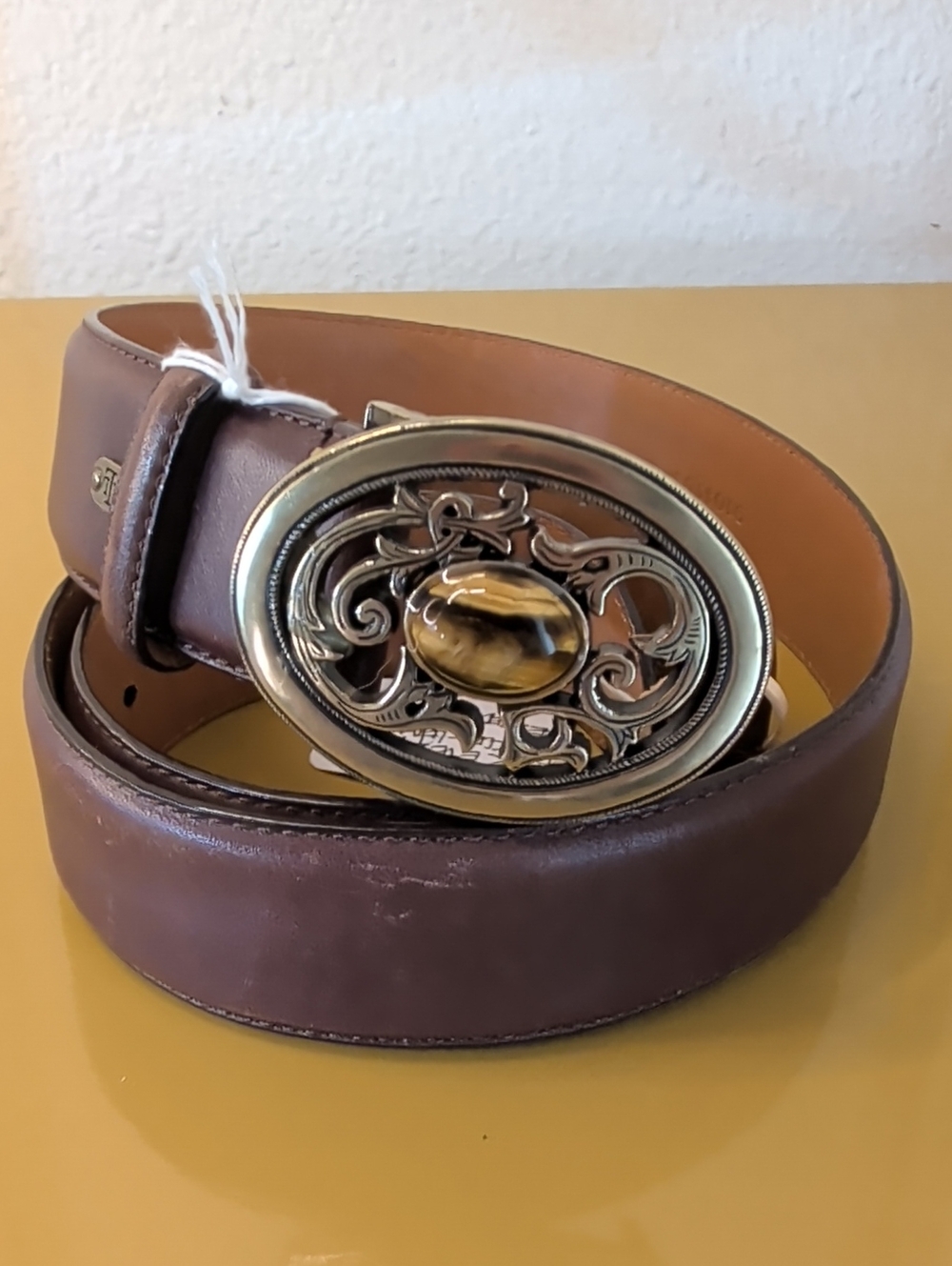 Ralph Lauren Brown Leather Belt with Decorative Brass Oval Buckle